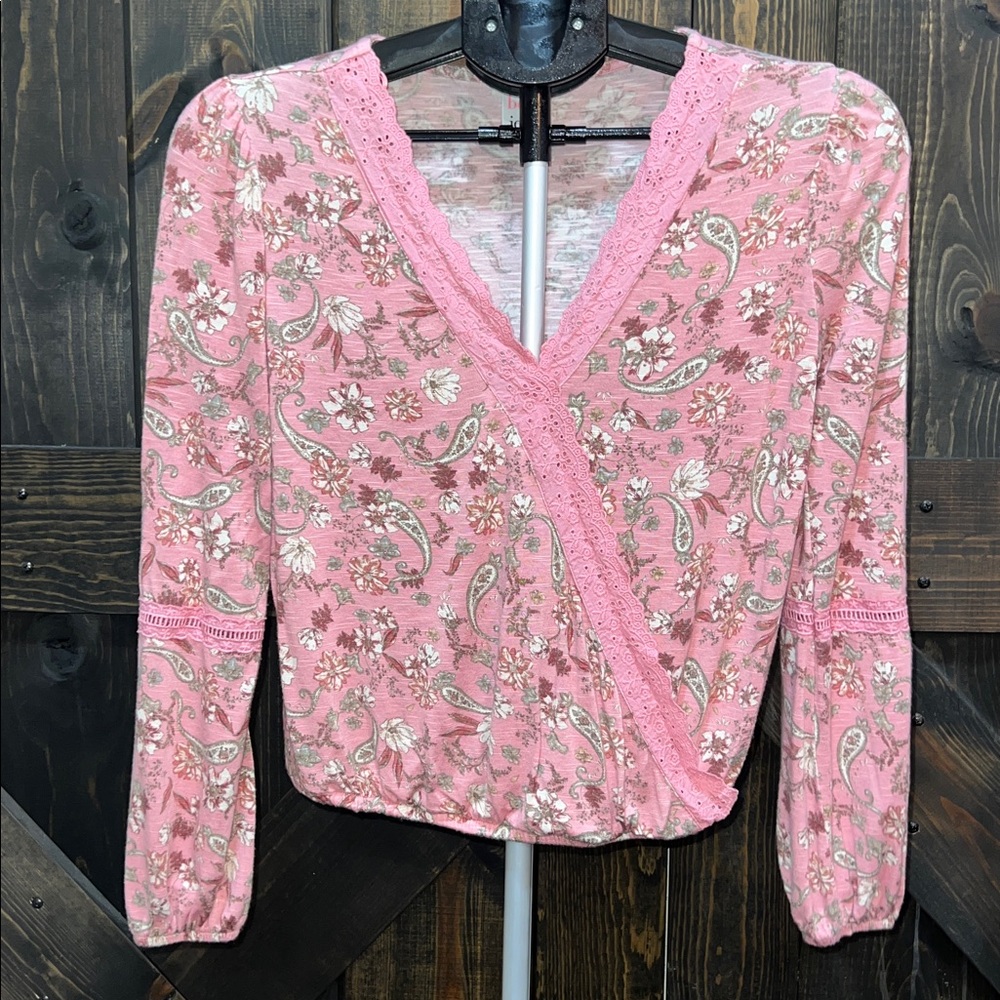 Belle Du‎ Jour Lace Floral Surplice Top XS Pink Y2K Babydoll Floral Cottagecore